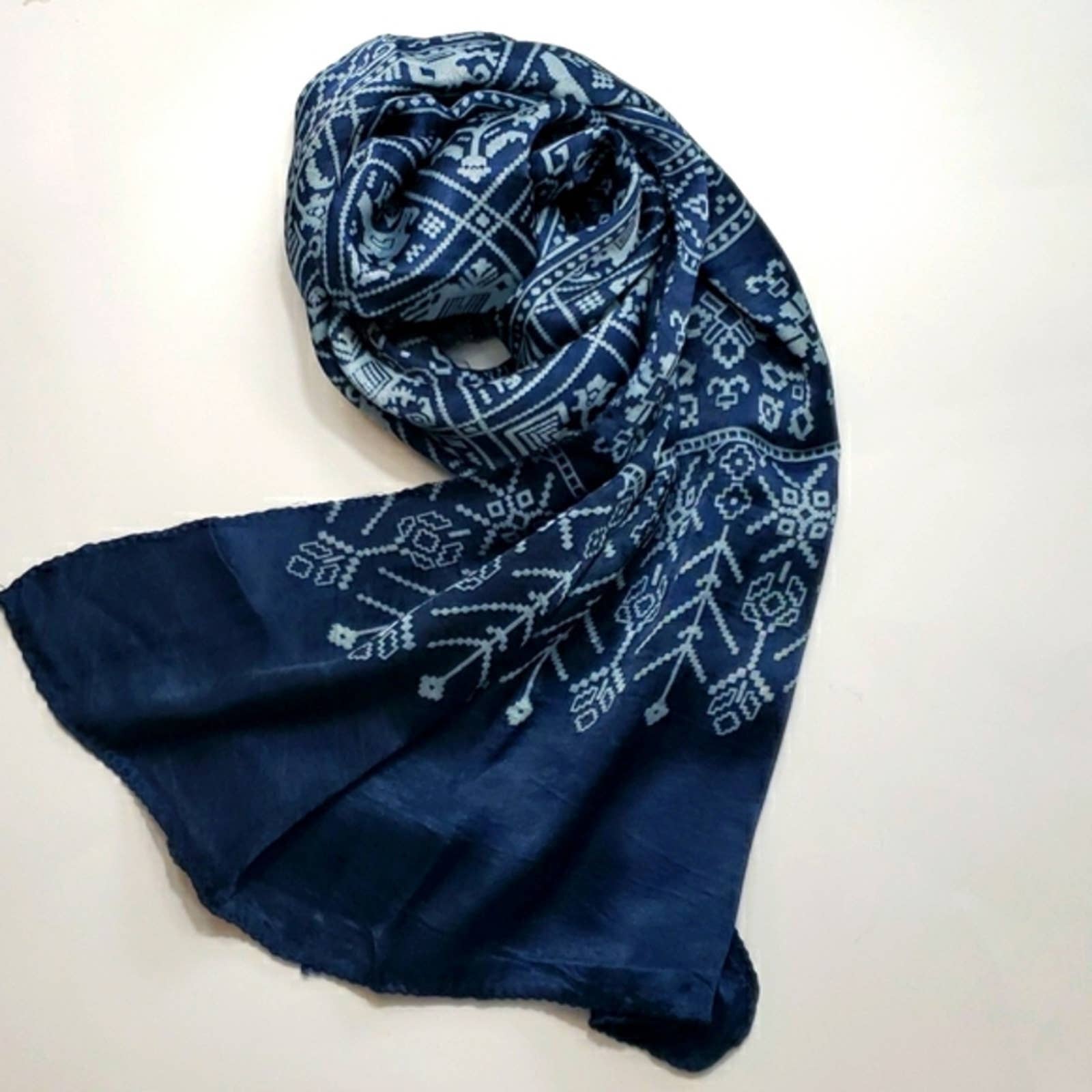 Silk ScarfWrap Navy Blue Scarf Hand Printed Scarf Blue Scarf